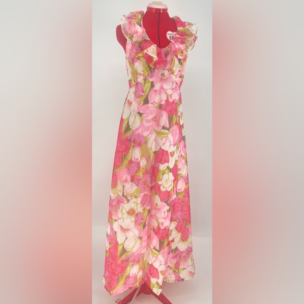 Vintage Pink Floral Ruffled Maxi Dress